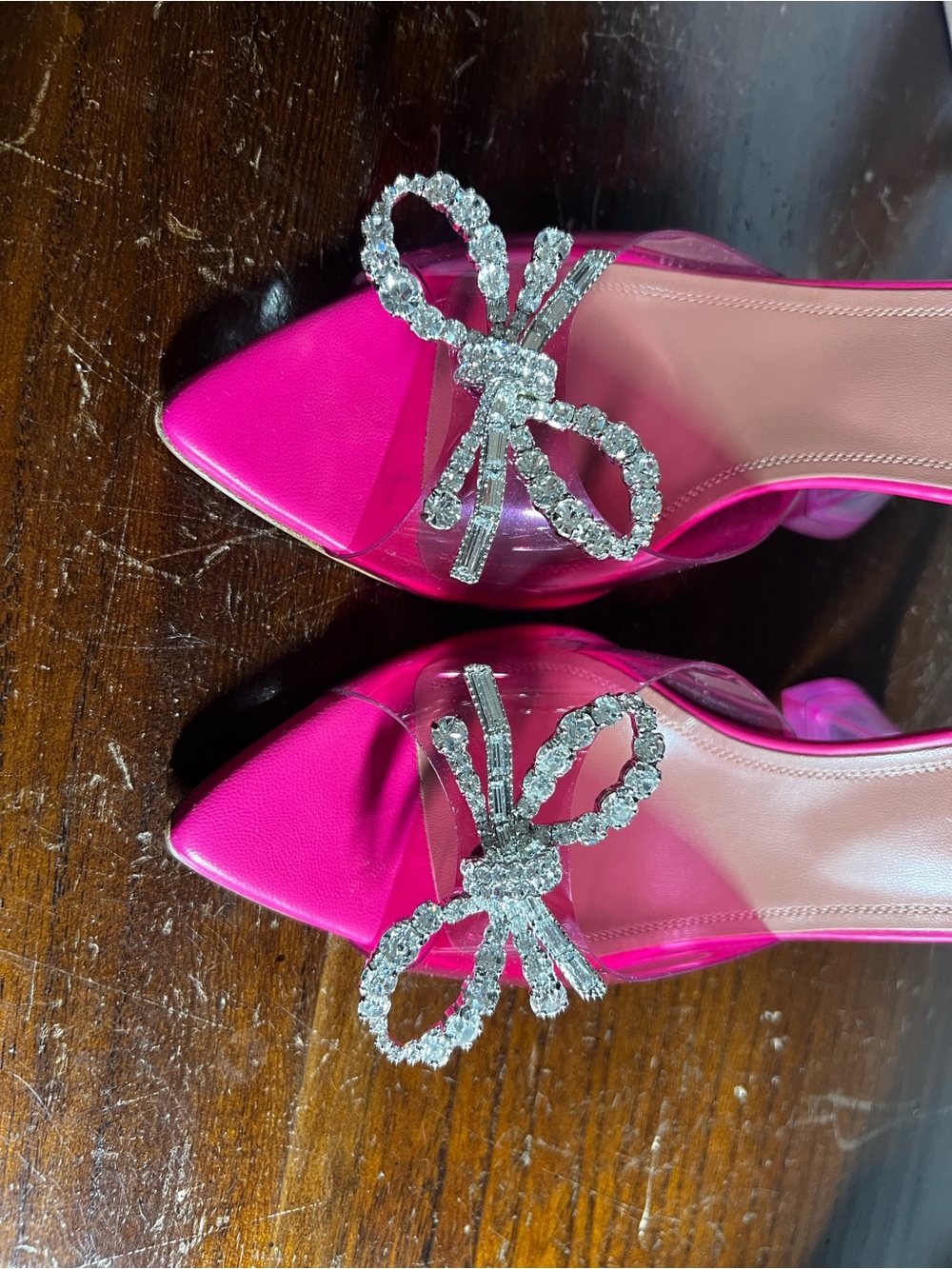 Amina Muaddi Hot Pink Crystal Bow PVC Mules - Picture 6 of 10